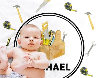 Personalized baby name blanket with work tools, construction handyman tool box baby gift personalized gift for boy or girl, newborn custom