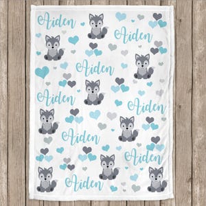 Wolf baby boy blanket in blue and gray, wolf personalized baby blanket, heart custom blanket, wolf gift, personalized blanket, choose colors image 2