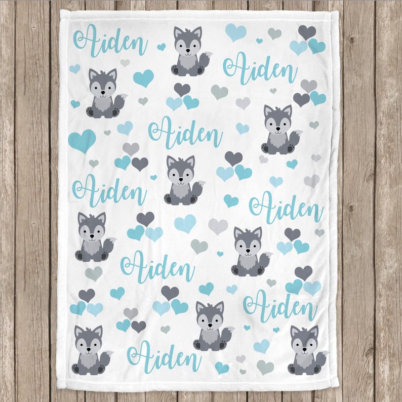 Wolf baby boy blanket in blue and gray, wolf personalized baby blanket, heart custom blanket, wolf gift, personalized blanket, choose colors image 2