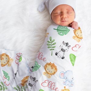 Personalized safari animals baby blanket custom girls newborn swaddle name blanket with elephant lion zebra giraffe leaves safari baby gift