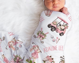 Personalized Jersey Swaddle Blanket with Golf and Bunny, Newborn gift