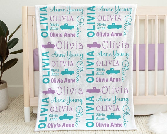 Vintage truck baby girl blanket, personalized newborn car blanket with name, oldies pick up truck swaddle, vehicle baby gift (CHOOSE COLOR) Il_570xn