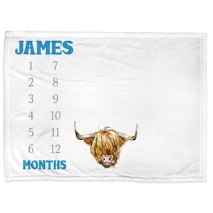 Highland cow baby milestone blanket, newborn farm baby boy personalized gift, monthly tracker, cow name baby blanket (CHOOSE COLORS)