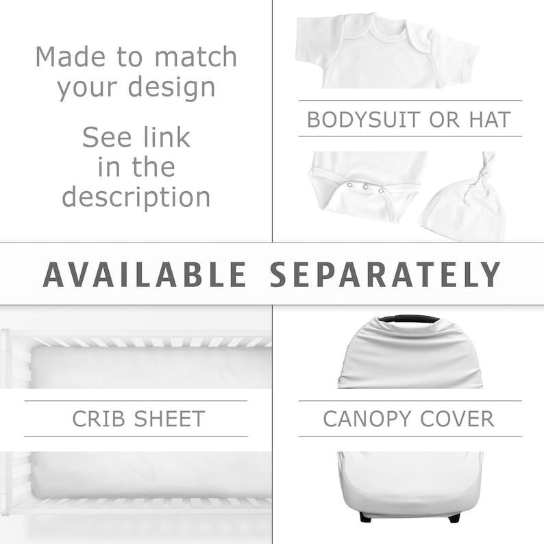 The image is a collage of four separate images, each depicting a different type of baby-related item: a white onesie, a white hat, a white crib sheet, and a white canopy cover.