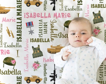 Military baby blanket, girl pink personalized army marines newborn blanket, tank baby blanket, personalized armed forces baby gift, flowers