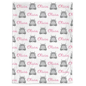 Pink trucker baby blanket with name, diesel girls newborn blanket, personalized big rig theme baby gift, trucker swaddle, boys or girls image 3