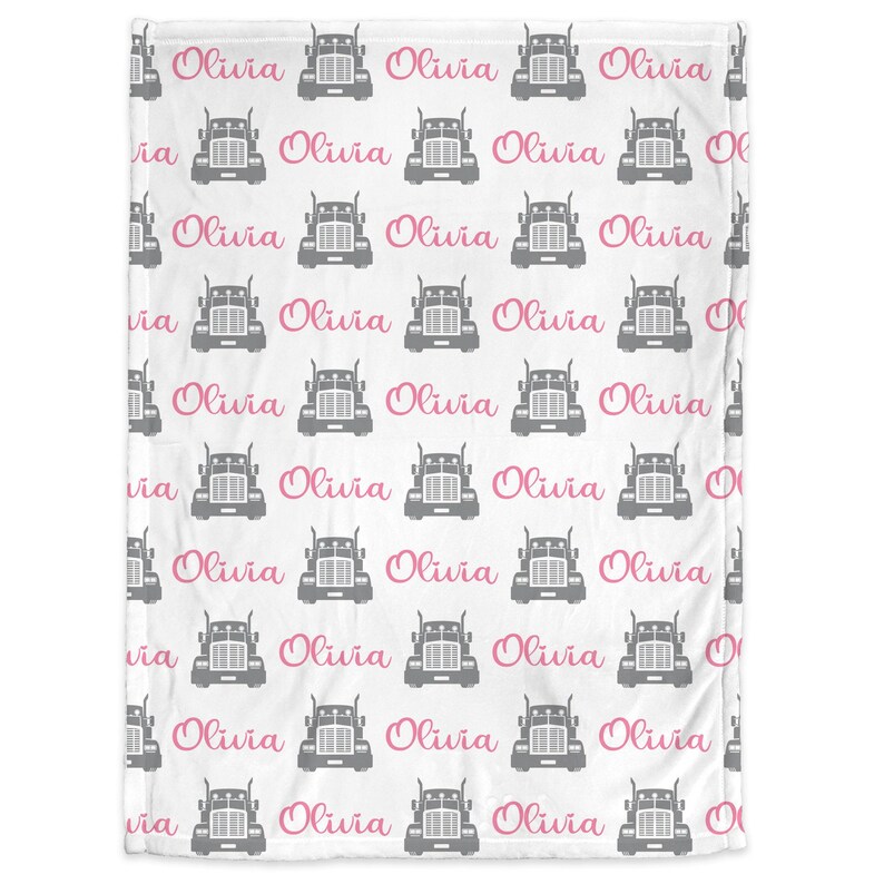 Pink trucker baby blanket with name, diesel girls newborn blanket, personalized big rig theme baby gift, trucker swaddle, boys or girls image 3