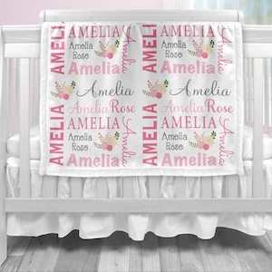 Flowers baby blanket, pink floral personalized swaddle blanket with name, newborn baby girl gift with chic pink flowers