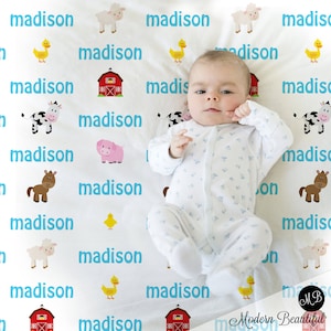 Farm animal baby blanket personalized farm animal swaddle blanket with name, barnyard newborn baby gift, baby girl or boy farm blanket