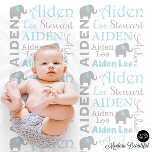 Personalized Elephant Baby Name Blanket Blue