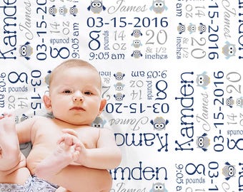 Personalized Owl Baby Name Blanket, Navy Gray Birth Stats Nursery Gift