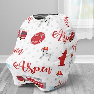 Red firetruck car seat canopy cover, boy custom infant car seat cover, fireman personalized baby name carseat cover, nursing privacy cover image 1