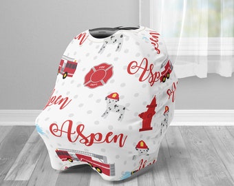 Red firetruck car seat canopy cover, boy custom infant car seat cover, fireman personalized baby name carseat cover, nursing privacy cover