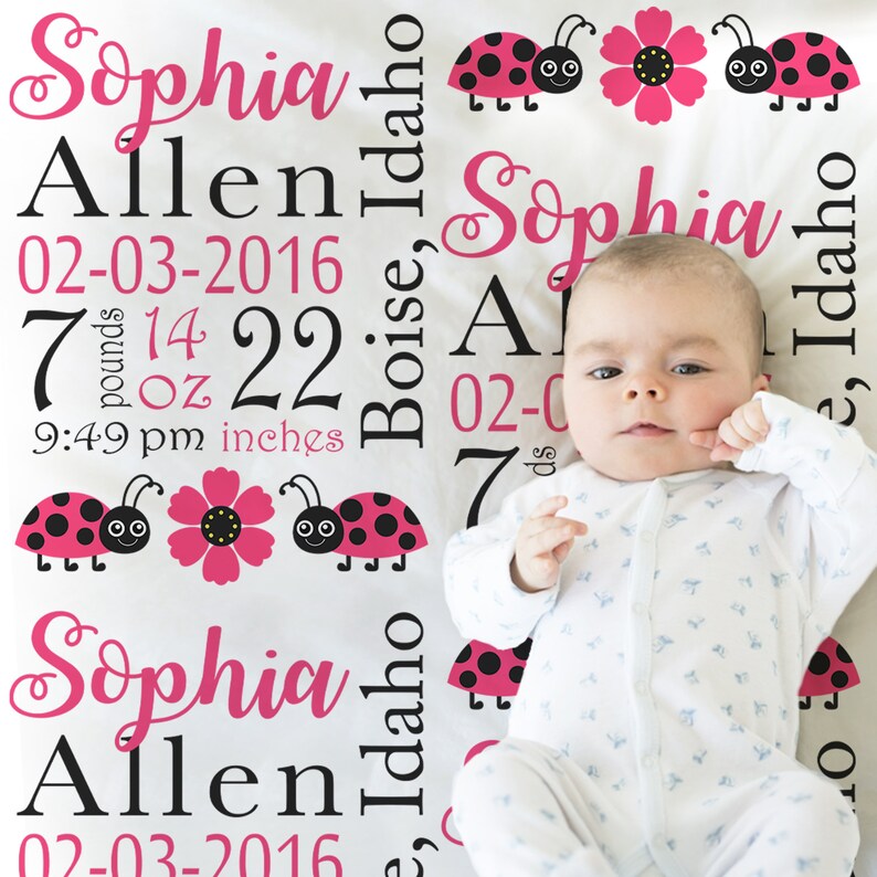 Ladybug baby blanket with birth stats, ladybug birth info name blanket, personalized ladybugs baby gift, hot pink and black, nursery image 2