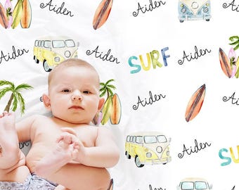 Surfboard baby name blanket, personalized palm trees surfboard blanket with name, boys newborn surfer beach theme baby shower gift