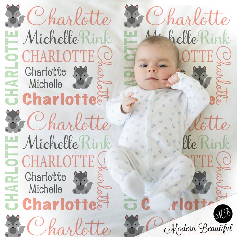 choose colors blanket custom fox blanket Fox Baby Girl Name Blanket in mint and coral personalized blanket fox personalized blanket