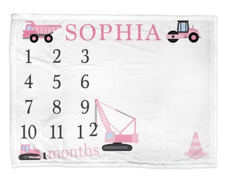 Manta personalizada para bebés con diseño de niña constructora – Accesorio rosa para fotos de recién nacidos – Seguimiento del crecimiento