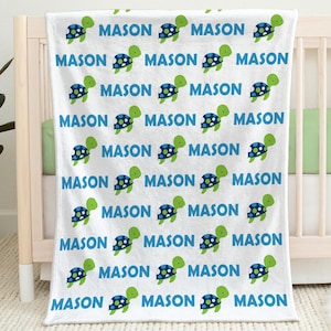 Personalized turtle baby blanket custom ocean baby name gift cute turtle boys blanket, newborn swaddle baby gift sea animal (CHOOSE COLORS)