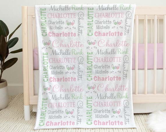 Personalized kitty cat baby blanket, newborn cat theme name blanket, cat baby girl gift, pink and mint kitten baby swaddle, (CHOOSE COLORS) Il_570xn