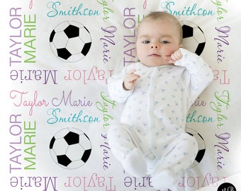 Personalized soccer baby blanket, newborn girl soccer/football blanket, personalized sports baby gift with name, boy or girl, (CHOOSE COLOR)