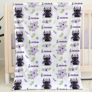 Purple dragon baby blanket, girls personalized name dragons swaddle blanket, newborn floral dragon baby gift with name flowers and dragons