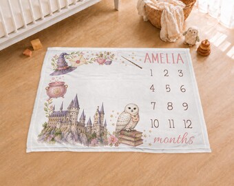 Wizard monthly milestone baby blanket, pink personalized newborn name growth tracker, magic baby girls gift