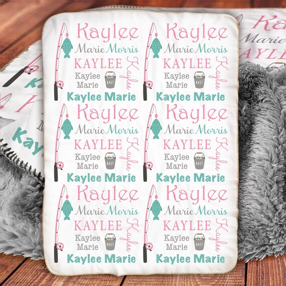 Personalized fishing baby girls sherpa blanket, pink and aqua newborn