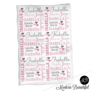 Couverture personnalisée coeurs pour bébé, couverture avec prénom rose et gris image 2