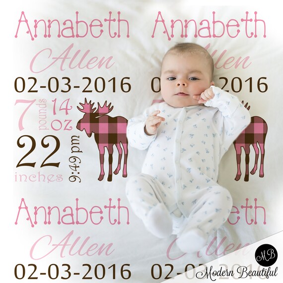 Baby moose baby birth stats blanket- girl moose personalized blanket- stats blanket- baby blanket- baby shower gift- moose baby gift blanket Il_570xn