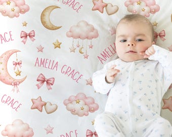 Personalized Moon Stars Baby Name Blanket, Girl Baby Swaddle Gift with Moon and Pink Clouds, Moon Baby Gift
