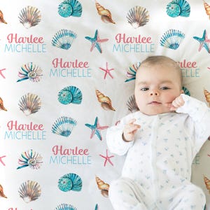 Seashells baby blanket, personalized ocean newborn name gift, sea theme baby gift, sea shells girl gift, seashore swaddle blanket