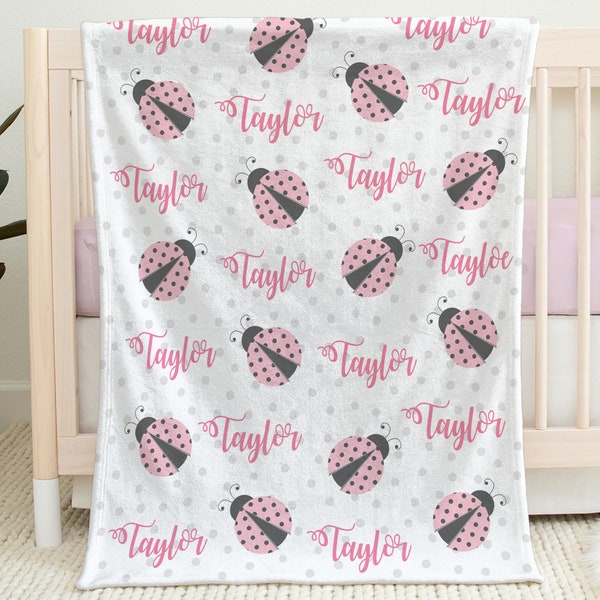 Ladybugs baby name blanket, personalized newborn ladybug swaddle blanket, pink ladybug baby gift with name (CHOOSE COLORS)