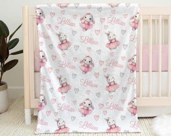 Personalized Ballet Bunny Baby Blanket – Custom Name Newborn Swaddle Girl Rabbit Gift