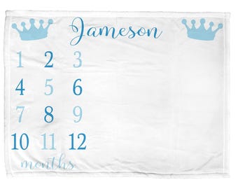 Prince crown monthly milestone baby blanket, personalized royal prince name blanket, newborn crown monthly milestone boy growth blanket,