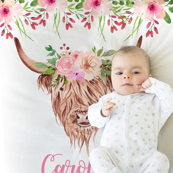 Highland Cow Baby Name Blanket Cow Swaddle Blanket With Flowers