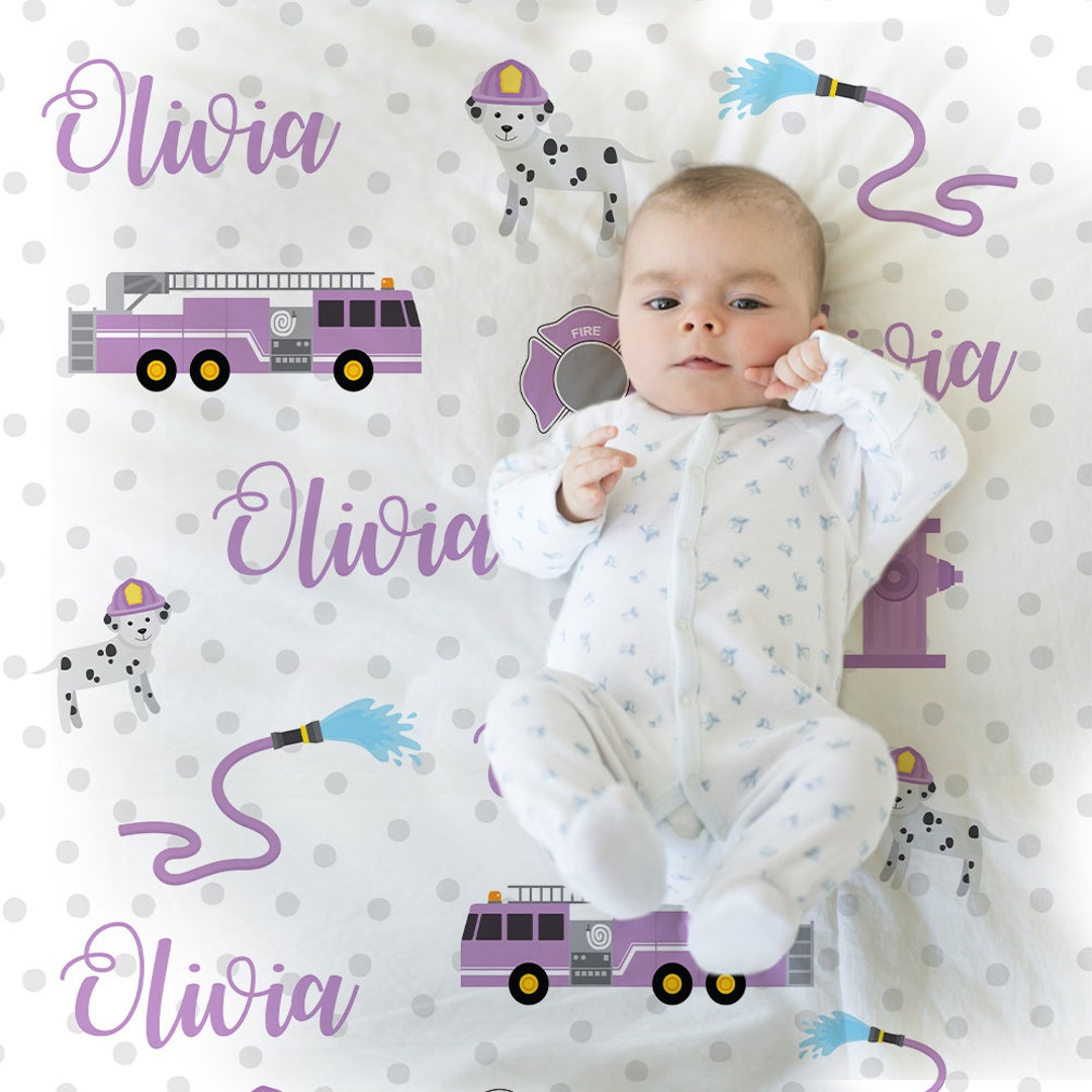 Purple Girl Fire Truck Blanket, Fire Fighter Personalized Blanket