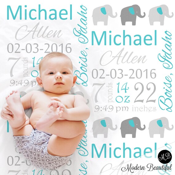 Elephant birth stats blanket, personalized newborn birth info blanket