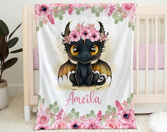 Girl dragon baby blanket personalized dragon baby gift swaddle blanket, newborn floral dragon baby gift with name, baby girl dragon blanket