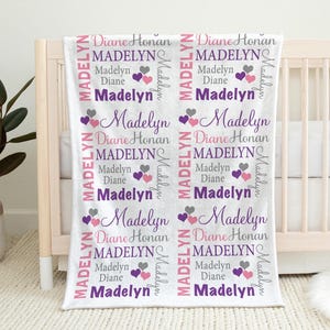 Newborn baby hearts blanket, personalized pink and purple blanket with name, heart baby girl gift, hearts baby swaddle, (CHOOSE COLORS)