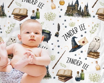 Personalized Wizard Baby Blanket, Boys Name Swaddle, Newborn Baby Gift Magic Theme