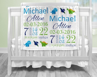 Dinosaur birth stats blanket baby gift with dinosaurs, boy personalized blanket, stats blanket,  baby shower gift, dinosaur gift