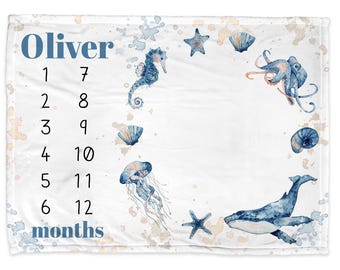 Ocean Animals milestone blanket, newborn personalized gift, Under the Sea baby growth blanket for boy or girl, ocean baby gift