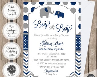 Boy oh boy baby shower invitation, navy and gray elephant baby shower invite, baby boys chevron party invitations, printed or digital files