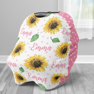 Sunflower baby car seat cover, baby girl floral car seat canopy cover, personalized baby name nursing privacy, newborn baby girl gifts image 1