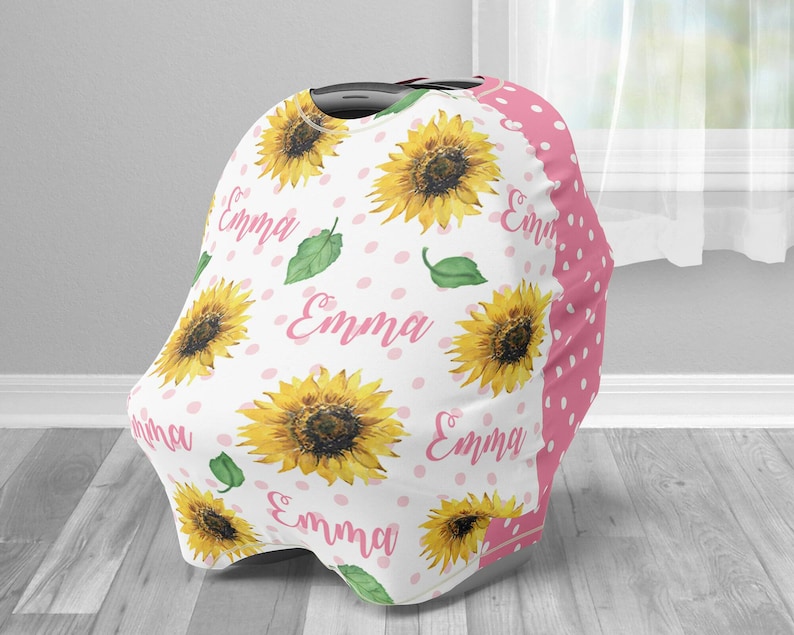 Sunflower baby car seat cover, baby girl floral car seat canopy cover, personalized baby name nursing privacy, newborn baby girl gifts image 1