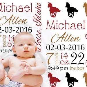 Horse baby stats blanket, personalized newborn baby horse gift name blanket, newborn birth info baby gift, boys or girls, (CHOOSE COLORS)