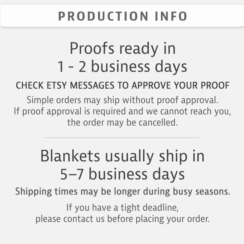 text that provides information about the shipping times for blankets and proof approval. Blankets usually ship in 5-7 business days, but shipping times may be longer during busy seasons. If you have a tight deadline, please contact us before placing your order.