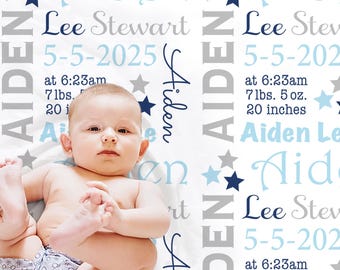 Stars baby birth stats blanket, blue personalized boys name blanket, boy baby birth info blanket, baby gift with birth stats info and stars