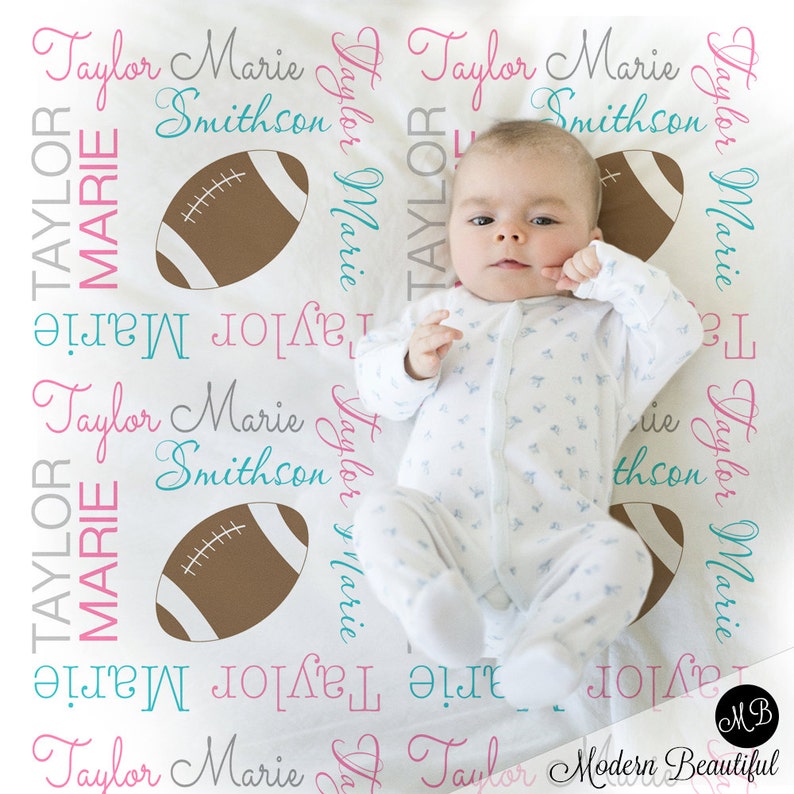 personalized sports name blanket Girl Football blanket pink aqua and gray blanket personalized gift girl football blanket blanket