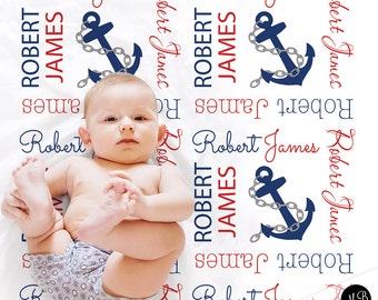 Nautical personalized baby blanket, anchor newborn boy name blanket, nautical anchor baby gift, anchor swaddle, boy or girls (CHOOSE COLORS)